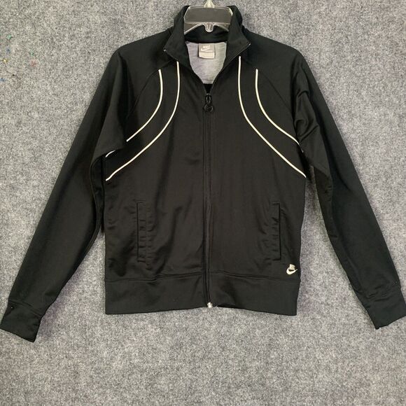 Nike Full Zip Light Weight Jacket Women M Black W/White Cording Pockets Raglan - Picture 1 of 12
